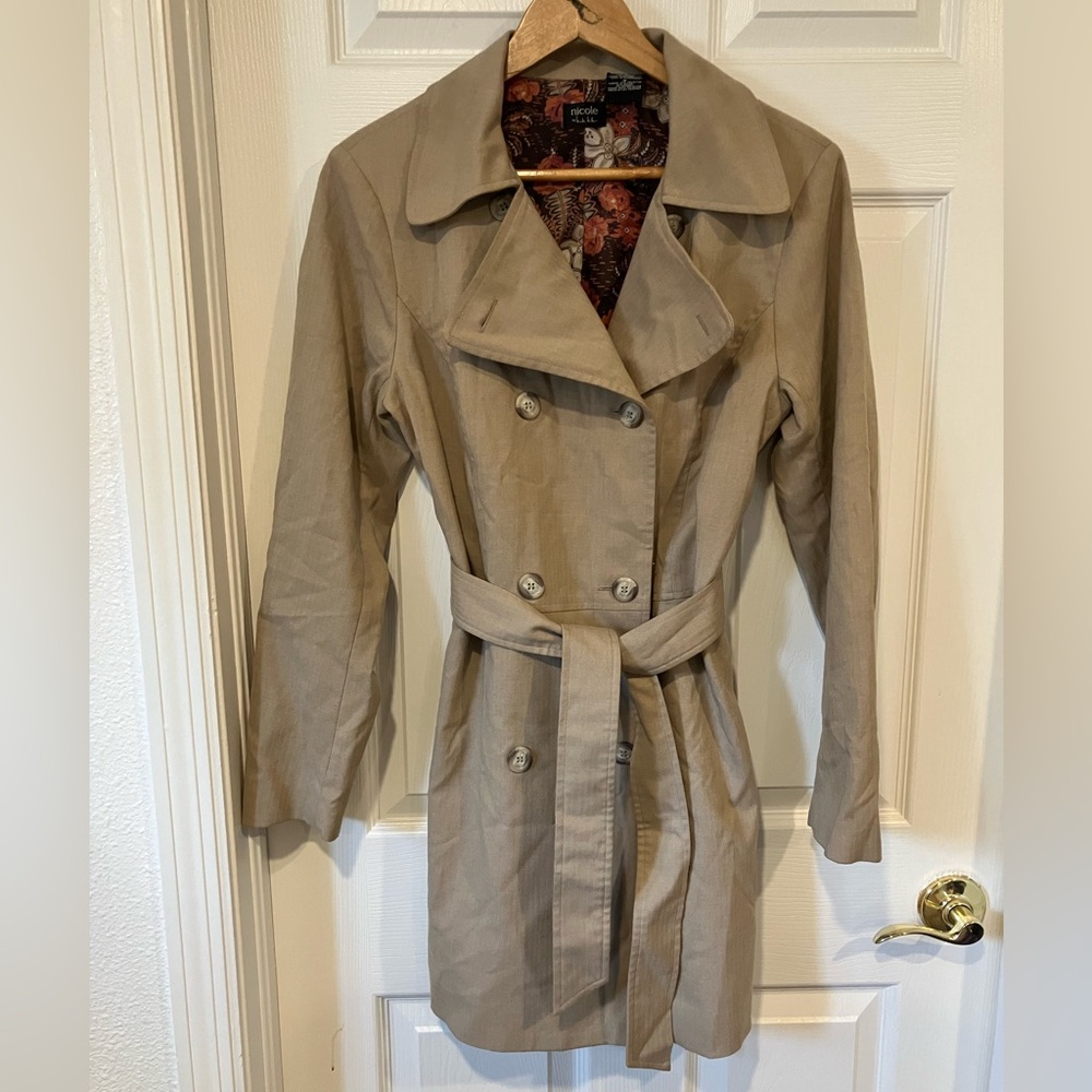 Womens Tan Double Breasted Trench Coat Belt 8 Medium Capsule Money Nicole Miller